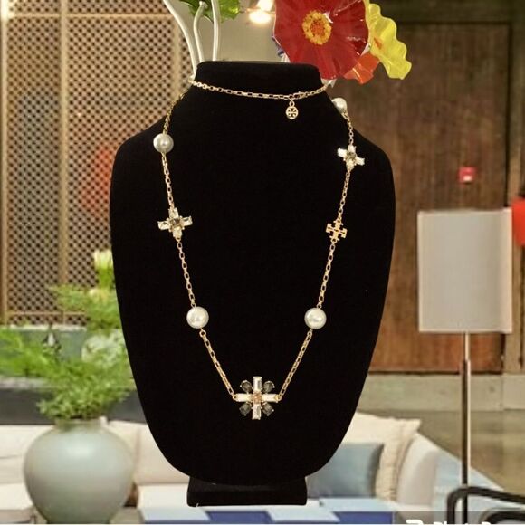 TORY BURCH STATEMENT PEARLS AND NATURAL SMOKY QUARTZ CRYSTALS NECKLACE - Picture 4 of 7